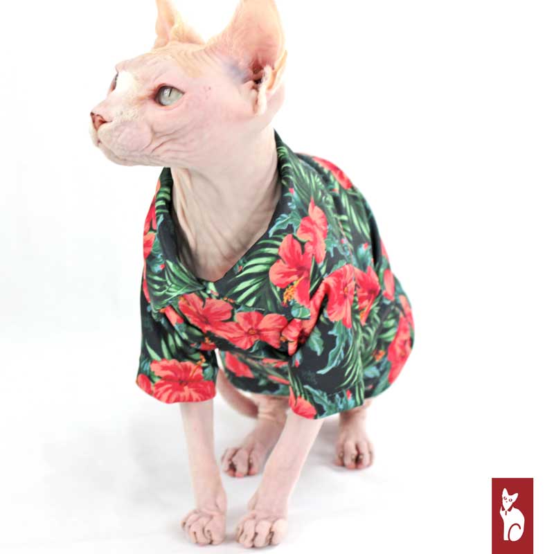 Hawaien Shirt for Sphynx Cat, Green Hibiscus