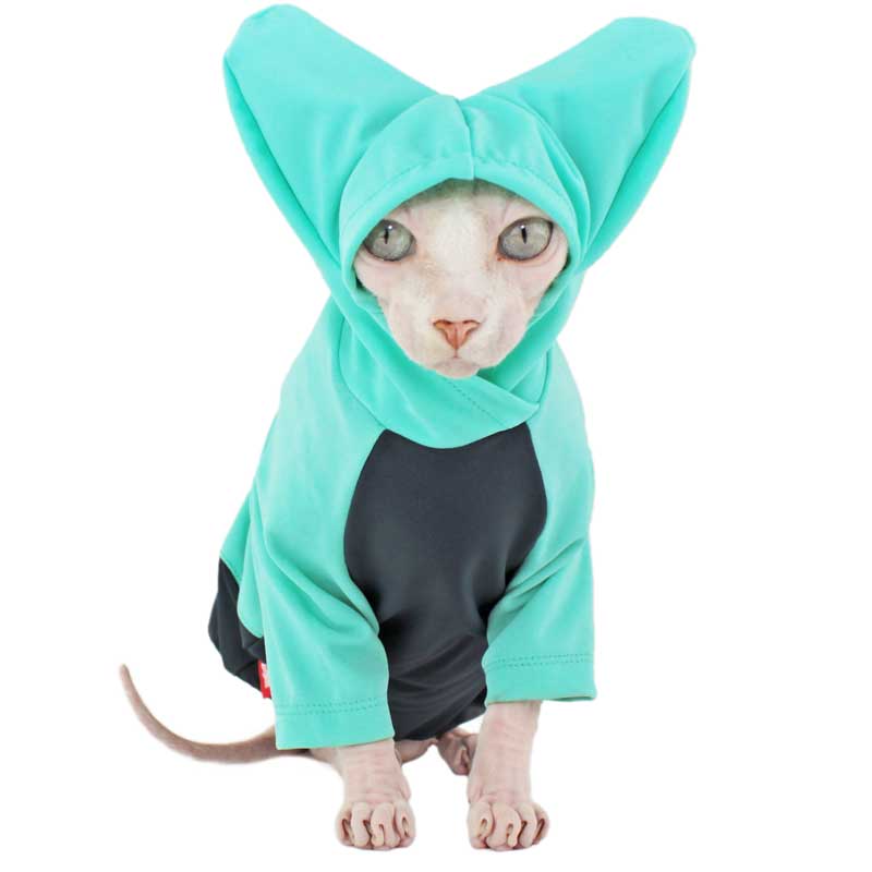 Teal Sun Protection hood with ears, Rashguard for sphynx cat