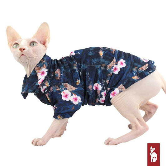 Hawaien Shirt for Cat Sphynx, Dark Blue Island | Sphynx Cat Clothing