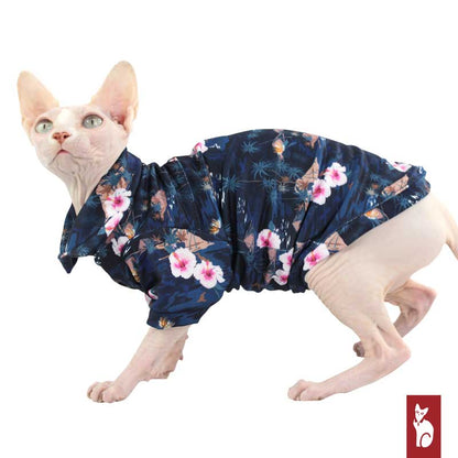 Chemise Hawaïenne pour Chat Sphynx, Île Bleue Foncé | Vêtements pour chat Sphynx