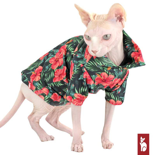 Chemise Hawaïenne pour Chat Sphynx, Hibiscus Vert